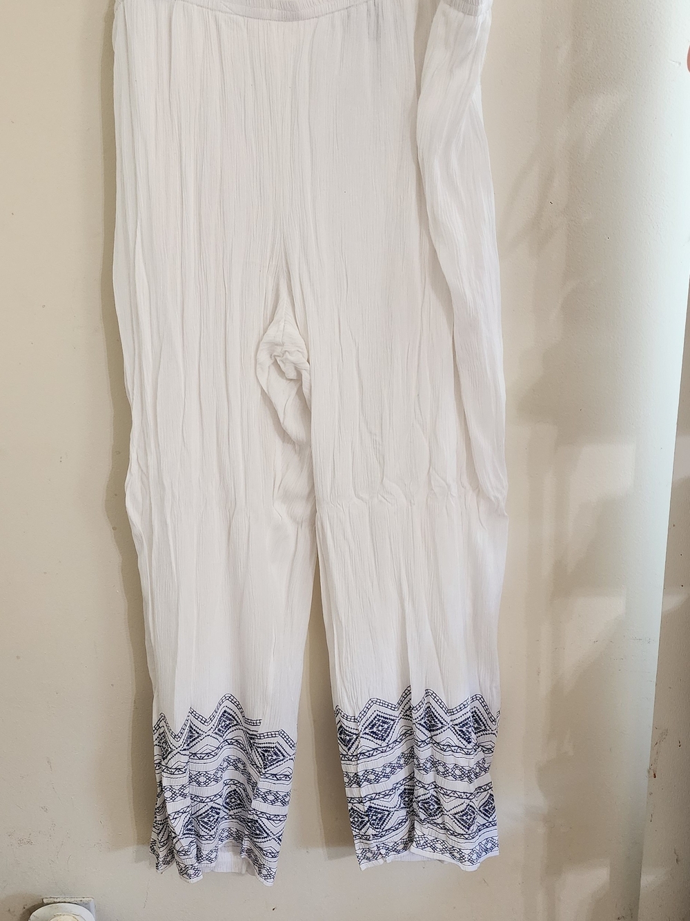new directions White Wide-Leg Pants with Navy Embroidered Hem